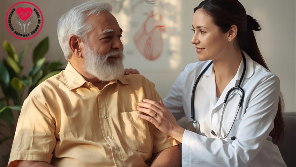 Doctor comforting elderly patient indoors.